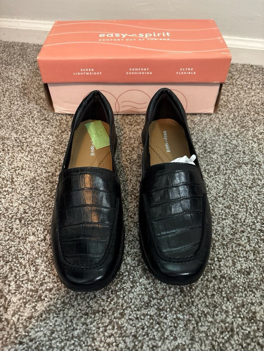 Easy Spirit Womens Loafers Black Crocodile Embossed Slip On Shoes 8W